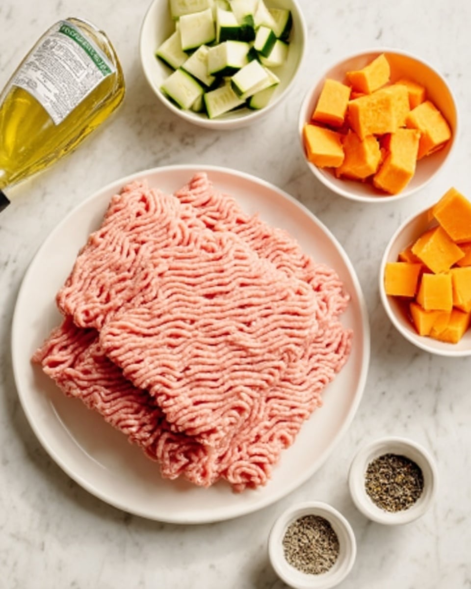 The image shows a white plate with neatly arranged raw minced meat, pink in color and textured with fine lines, occupying the center of the plate. Surrounding the plate are three white bowls: one holding small cubes of green zucchini, another with small cubes of orange sweet potato, and the last containing ground spices that look like black pepper. Additionally, there is a glass container filled with golden yellow oil and a bottle of seasoning nearby. All items are placed on a white marbled surface. Photo taken with an iphone --ar 4:5 --v 7