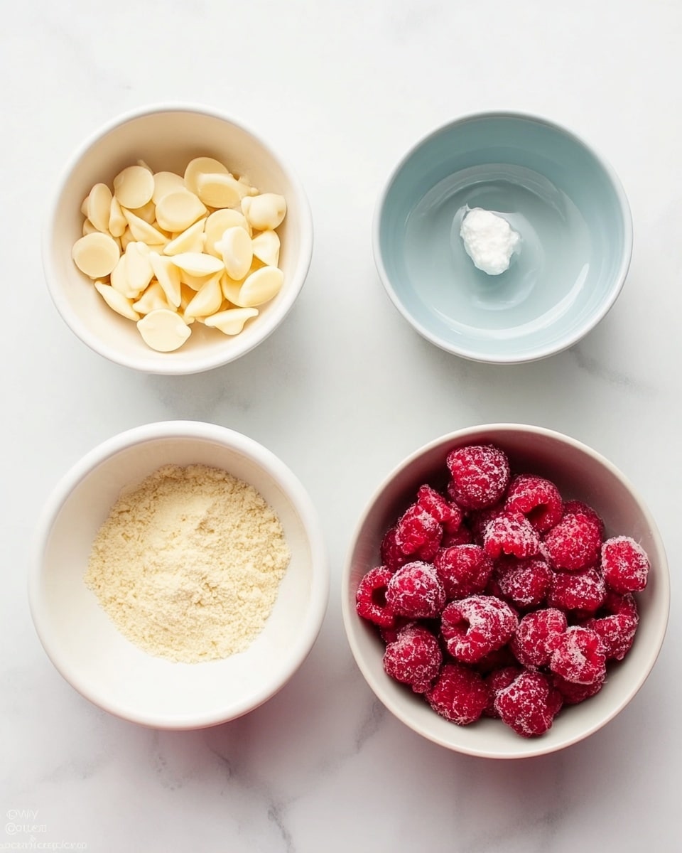 The image shows four small white bowls placed on a white marbled surface. The top left bowl is filled with small, pale yellow flat white chocolate pieces and a small dollop of white solid fat. The top right bowl is filled with clear water, showing a smooth surface. The bottom left bowl contains a fine pale yellow powder, and the bottom right bowl is filled with bright red frozen raspberries, each covered with a frosty layer. The bowls are arranged with two at the top and two at the bottom forming a square shape, viewed from above photo taken with an iphone --ar 4:5 --v 7