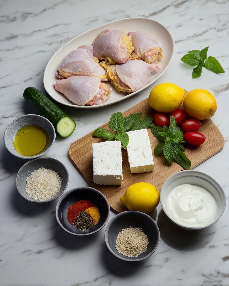 The image shows ingredients arranged on a white marbled surface. At the back, a white oval plate holds four raw chicken thighs with light pink skin and yellow fat. In front of the plate is a wooden cutting board with three white blocks of feta cheese, a bulb of garlic, a small cucumber, green mint leaves, a few small red and yellow cherry tomatoes, and two bright yellow lemons. Around the cutting board are small white and grey bowls containing dry spices in brown, orange, and red shades, raw rice grains, olive oil, and a dollop of white yogurt. Photo taken with an iphone --ar 4:5 --v 7