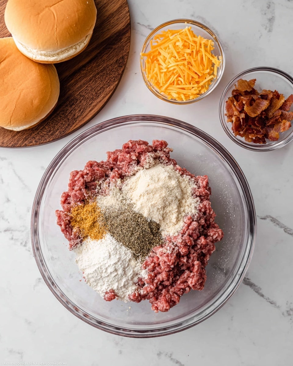 A clear glass bowl is placed on a white marbled surface, filled with raw ground meat in a pinkish-red color as the base layer; on top there are white flour-like powder, tan garlic powder, and black pepper sprinkled unevenly, showing distinct textures. To the upper left, two soft, light brown hamburger buns rest on a wooden cutting board with visible wood grain. On the upper right, there are two small clear glass bowls, one filled with crispy, dark brown bacon pieces and the other with bright orange shredded cheese, both bowls finely textured and translucent. Photo taken with an iphone --ar 4:5 --v 7
