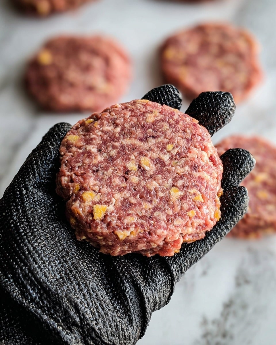 A close-up view shows a woman's hand wearing a textured black glove holding a raw burger patty. The patty is thick and roughly round with an uneven edge, pink with small pieces of light yellow cheese mixed inside. More patties are blurred in the white marbled surface background below. The photo taken with an iphone --ar 4:5 --v 7