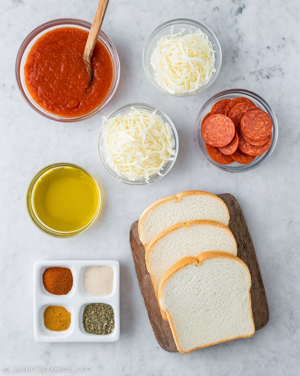 The image shows separate ingredients for making sandwiches arranged on a white marbled surface in an organized way. At the center right, there are three slices of white bread neatly stacked on a wooden board. To the right of the bread, there is a small clear bowl filled with round, red pepperoni slices. Above the pepperoni, another small clear bowl holds shredded white cheese. At the top left, a clear bowl contains bright red tomato sauce with a wooden spoon resting inside. Below that, a small clear bowl holds golden-yellow olive oil. At the bottom left corner, a small white dish has four different spices arranged in sections: one is a reddish brown, another is a pale yellow, the third is green herbs, and the last is a fine beige powder. All ingredients are clearly separated without overlap. Photo taken with an iphone --ar 4:5 --v 7