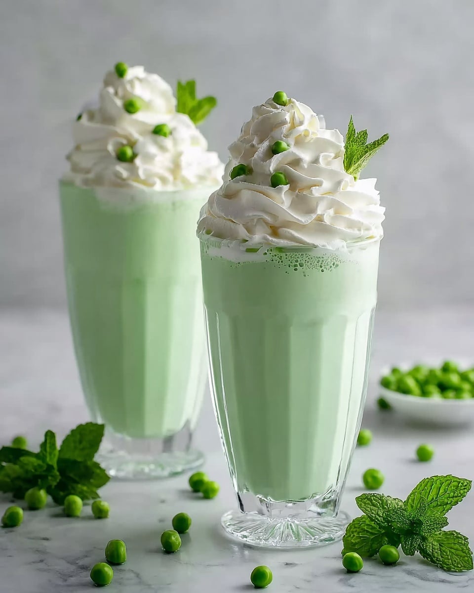Two tall clear glasses with a thick light green drink inside, filling about three-quarters of each glass. On top of the drink is a large swirl of white whipped cream, slightly textured with peaks and folds. Each whipped cream topping is decorated with a small green pea and a fresh green mint leaf. The glasses sit on a white marbled surface with scattered green peas and sprigs of fresh mint around them. The background is softly blurred light grey. photo taken with an iphone --ar 4:5 --v 7