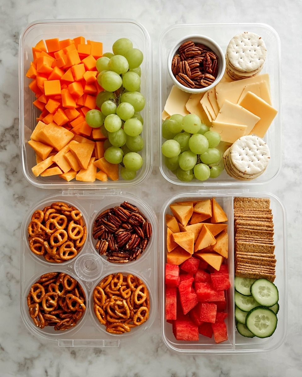 A clear plastic container filled with six sections shows bright, triangular orange cheese pieces on the left, light yellow rectangular cheese pieces on the top right, and round white crackers stacked in the center next to the cheese. Green grapes are placed in the bottom left and on the right beside the light yellow cheese. In the middle, a small white bowl holds dark brown pecans. Below, in another clear container, six round compartments hold orange square crackers, green cucumber slices, brown chip-like snacks, red watermelon cubes, brown pretzels, and orange baby carrots, all arranged on a white marbled surface. photo taken with an iphone --ar 4:5 --v 7