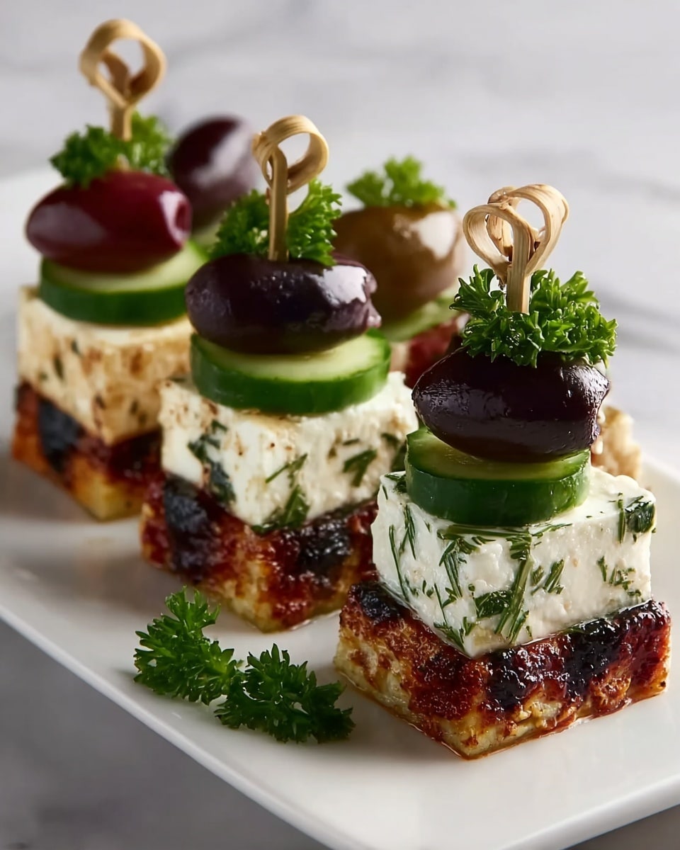 The image shows a white rectangular plate with a row of six small stacked appetizers against a white marbled background. Each appetizer has three layers: the bottom layer is a small grilled square with a dark golden and reddish-brown texture, the middle layer is a white cube with green herb specks, and the top layer is a whole olive, some dark purple and some black, each topped with fresh green herbs. In the middle three appetizers, thin slices of cucumber are stacked in a circular shape between the cheese and the olive, showing light and dark green colors with a fresh and moist texture. Each stack is held together by a small looped wooden skewer, and a small bunch of green parsley lies on the plate near the front appetizers. photo taken with an iphone --ar 4:5 --v 7