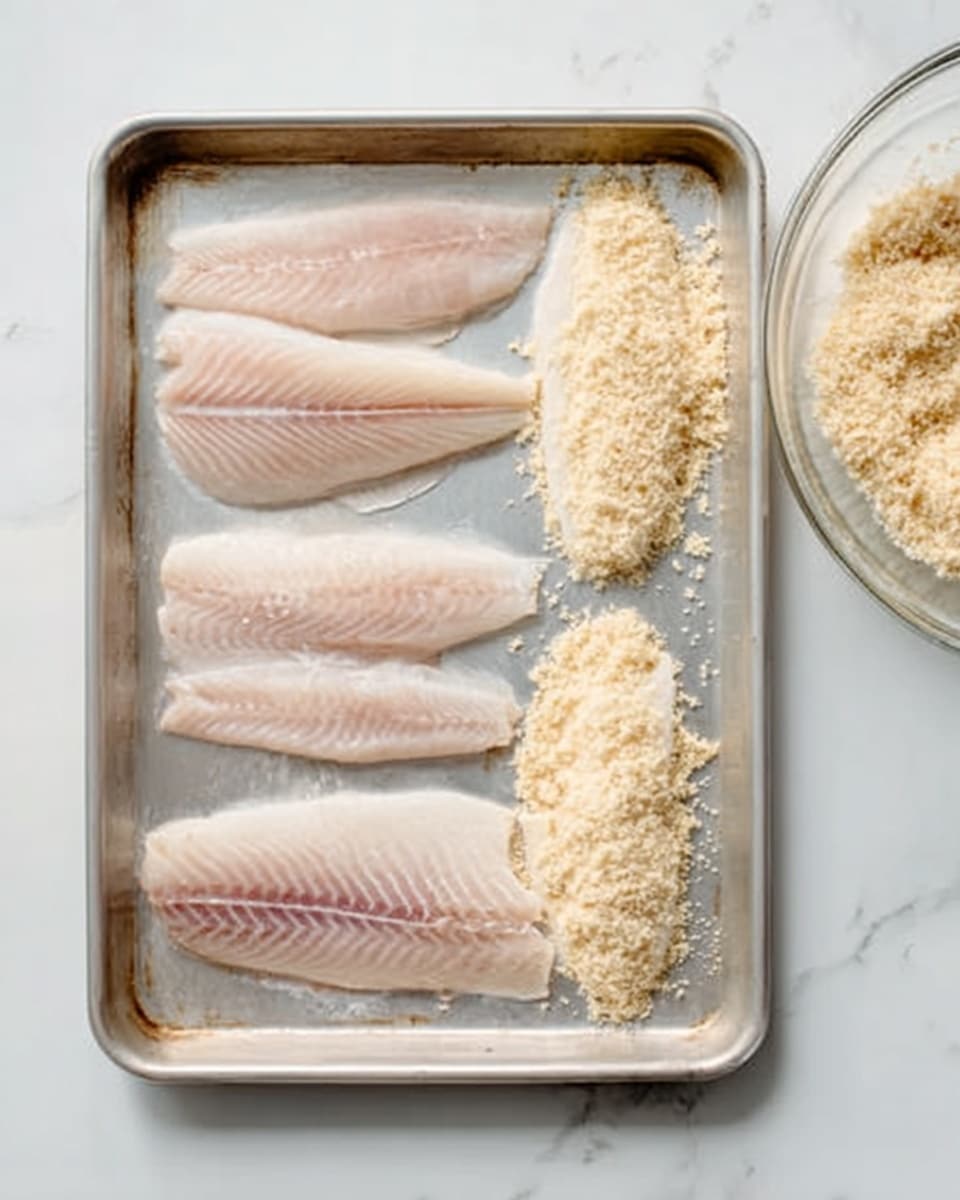 The image shows a metal tray on a white marbled surface. On the tray, there are four raw fish fillets placed in two rows. The fillets on the left are whole, smooth, and pale pinkish-white in color with slight natural lines. The fillets on the right are covered with a layer of light beige breadcrumbs or grated topping. In the top right corner, a clear glass bowl with more of the breadcrumb mixture is partially visible. The scene is bright and clean, giving a fresh and simple cooking preparation feel. Photo taken with an iphone --ar 4:5 --v 7