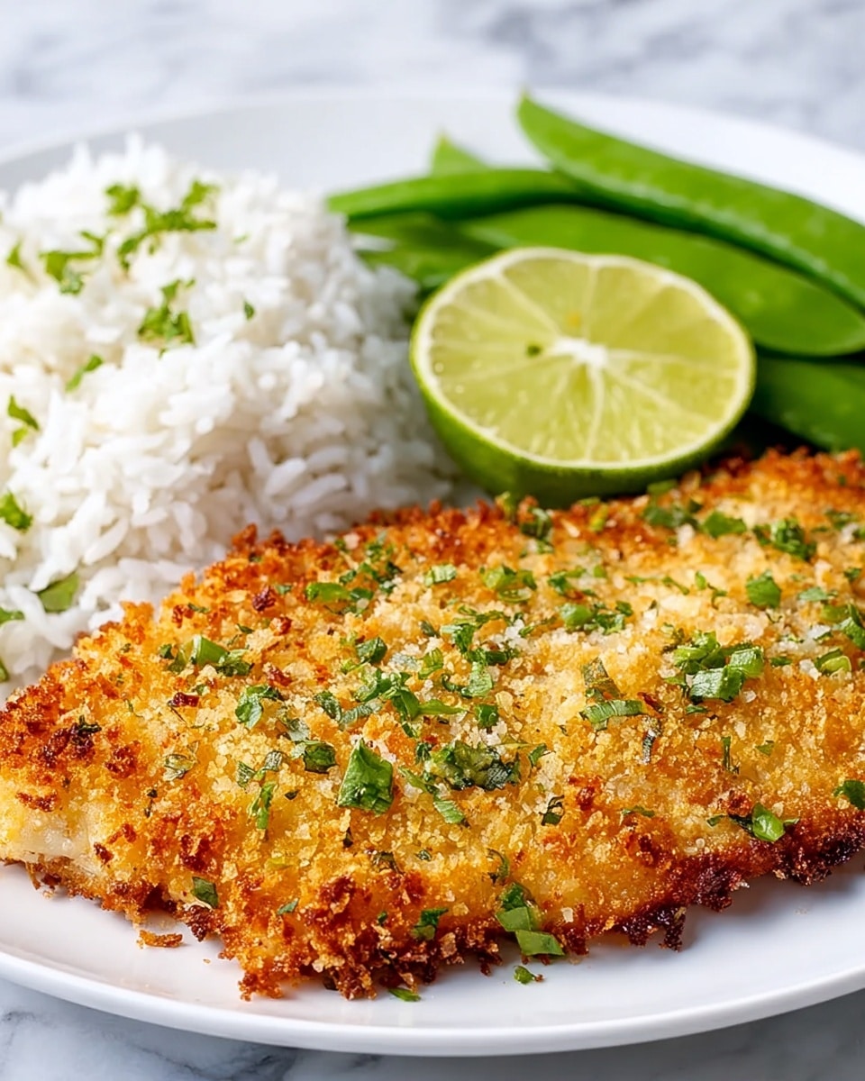 A white plate holds a crispy golden-brown coated fillet with rough textured crumbs and small green herb pieces sprinkled on top. Behind the fillet, there is a small mound of white rice with a fluffy and slightly wet look. To the side of the rice, a fresh half lime with bright green skin and visible juicy pulp is placed facing up. In the background of the plate, several green snap peas with smooth shiny skins rest next to the rice. The whole scene is set on a white marbled surface. photo taken with an iphone --ar 4:5 --v 7