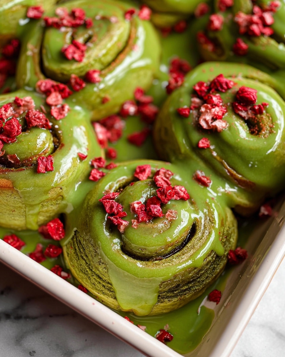The image shows a close-up of several green swirled pastries arranged tightly in a white baking pan on a white marbled surface. Each pastry has a soft, textured layer with a green glaze covering the top, dripping slightly onto the pan. Scattered on top and around the pastries are small red berry pieces, adding a bright contrast to the green glaze. One pastry looks slightly pulled apart, showing the soft and fluffy green inside. The overall scene feels fresh and vibrant. photo taken with an iphone --ar 4:5 --v 7