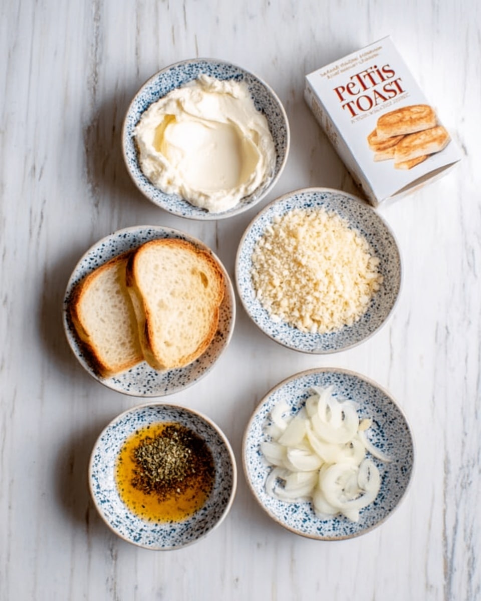 The image shows six small round bowls and a box of Petits Toasts arranged on a white marbled surface. The bowls contain different ingredients: one has a creamy white spread with a smooth texture, another holds light yellow grated cheese, a third bowl contains finely chopped beige nuts, a fourth has a dark golden liquid resembling honey or syrup, and a fifth bowl holds small green herbs. The last bowl has thin white slices that look like onions. The box of Petits Toasts is placed in the top right corner. The photo taken with an iphone --ar 4:5 --v 7
