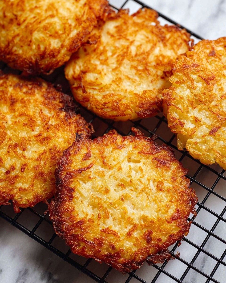 The image shows several golden brown potato pancakes resting on a black cooling rack. Each pancake has a rough, crispy texture with small pieces of shredded potato visible, forming a thin, flat round shape with slightly uneven edges. The overall color of the pancakes is a warm golden yellow with areas of deeper brown where they are more cooked. The cooling rack sits on a white marbled surface, with some shadows adding depth to the scene. photo taken with an iphone --ar 4:5 --v 7