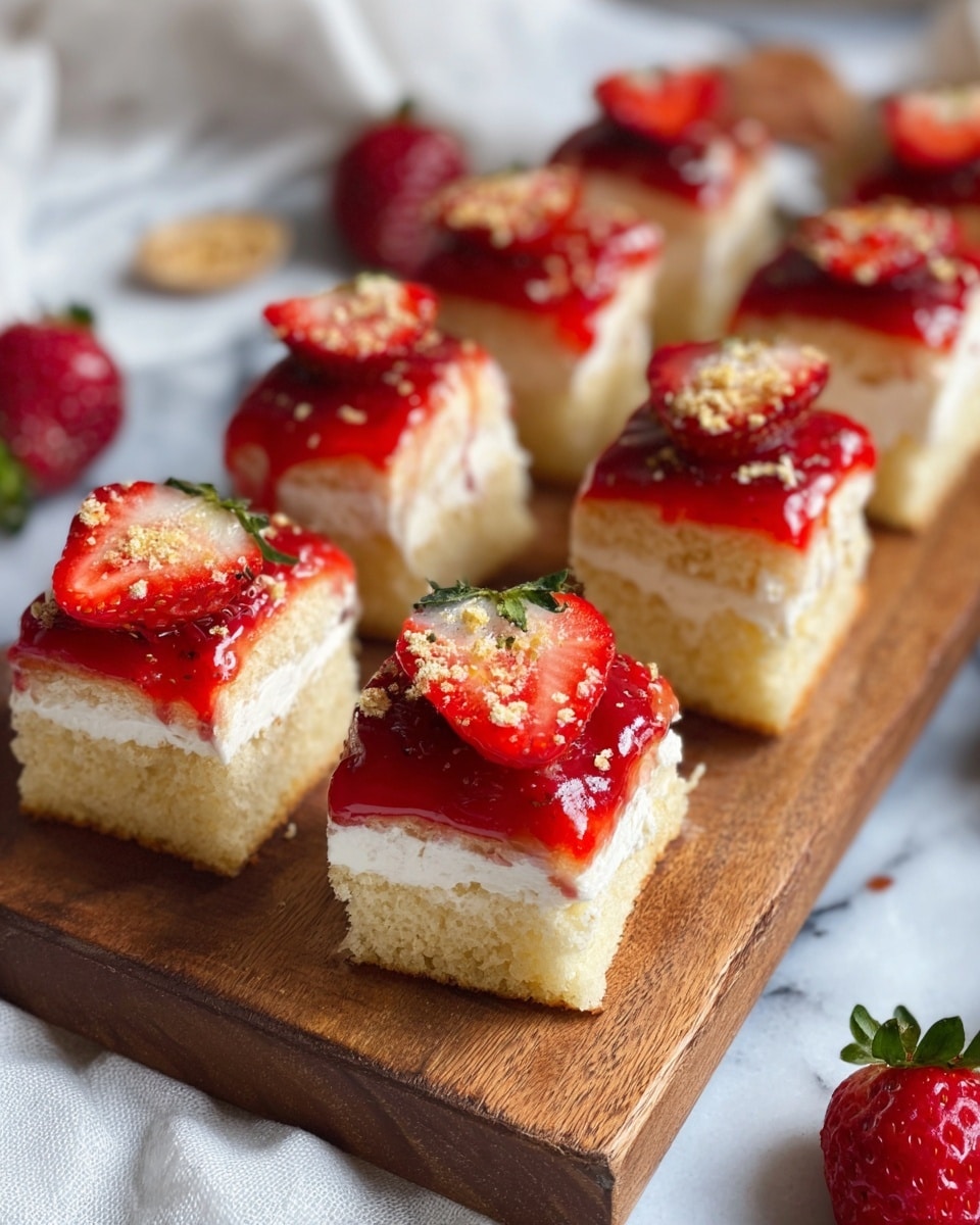 The image shows small square cake pieces arranged on a wooden board, each with three layers. The bottom layer is a soft, light golden sponge cake. The middle layer is thick and creamy white frosting that looks smooth and fluffy. The top layer is a shiny red strawberry glaze that drapes over the edges slightly. On top of each piece, there is a half strawberry slice with green leaves and a light sprinkling of crushed crumbs. The setting includes whole strawberries in the blurred background, and the board is placed on a white marbled surface with a white cloth nearby. photo taken with an iphone --ar 4:5 --v 7