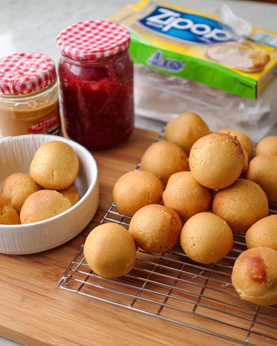 The image shows small, round, golden-brown baked balls placed on a thin metal rack and some in a white bowl next to it. The balls have a smooth texture with slight uneven spots, each about the size of a small cookie. Behind them on a wooden surface are a jar of red strawberry preserves with a checkered red and white lid, a jar of crunchy peanut butter with a yellow lid, and a box of Ziploc sandwich bags partially opened. The entire scene is set on a clean white marbled surface with good lighting. photo taken with an iphone --ar 4:5 --v 7