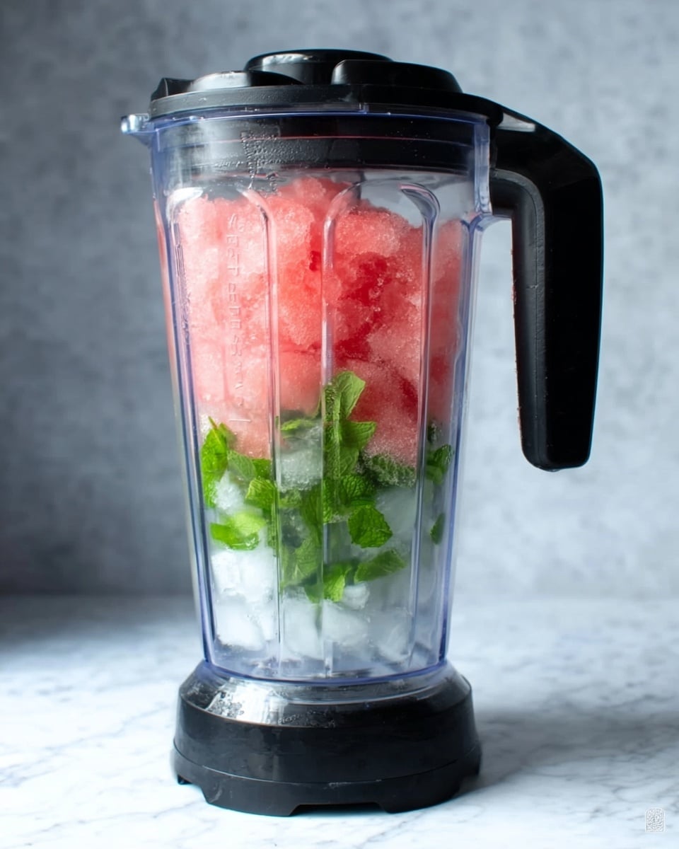 A clear blender jar with black lid and black handle filled with crushed red ice at the bottom and middle, mixed with clear ice cubes near the top, along with bright green mint leaves scattered throughout. The blender is set against a white marbled surface background. Photo taken with an iphone --ar 4:5 --v 7