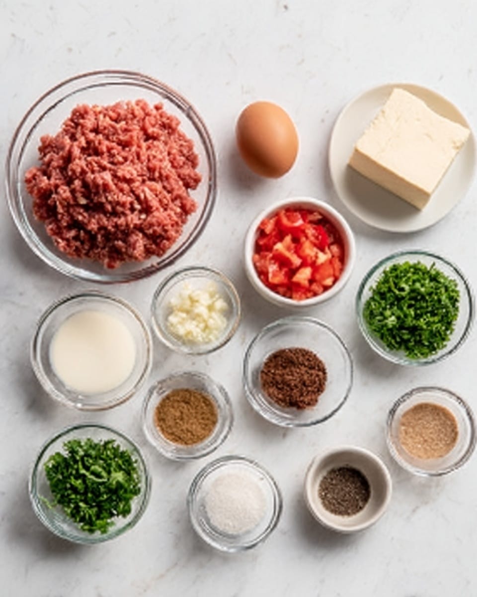 The image shows several small glass bowls and dishes arranged neatly on a white marbled surface. There is a large clear bowl filled with raw ground meat in the top left area. Next to it, there is a brown egg and a block of tofu placed horizontally. Smaller bowls are filled with finely chopped green herbs, diced red tomatoes, and various powders and pastes in light brown, white, and dark brown shades. The bowls are evenly spaced, showing a mix of smooth, grainy, and liquid textures. The overall setup looks clean and organized, perfect for preparing a dish. Photo taken with an iphone --ar 4:5 --v 7