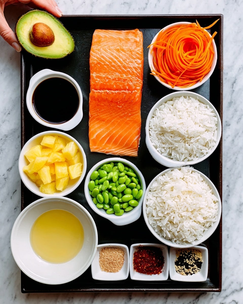 The image shows a black rectangular tray with a fresh orange salmon fillet placed flat in the center. Surrounding the salmon on the tray are small white bowls and dishes containing vibrant ingredients in separate layers: fluffy white rice in a full bowl on the top right, bright orange carrot strips rolled loosely beside the rice, and green edamame beans in a partial bowl below the carrots. Smaller bowls of light yellowish liquid, dark brown sauce, and golden pineapple chunks are neatly arranged near the bottom. Two small white dishes hold colorful spices, one with red and black powder, and the other with light brown powder. In the background, a white marbled surface is visible with a halved avocado and chopped green onions at the top left corner. A woman’s hand slightly touches the top left edge of the tray. photo taken with an iphone --ar 4:5 --v 7