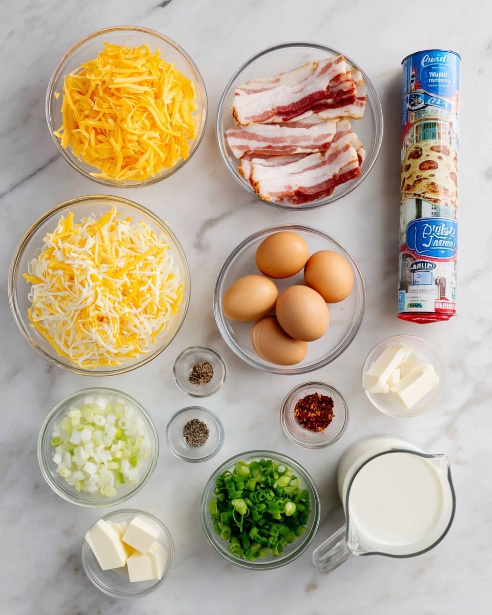 The image shows eleven clear glass bowls and one measuring cup arranged neatly on a white marbled surface. The largest bowl on the left holds bright yellow shredded cheddar cheese, while the bowl above it contains raw folded bacon strips with white and pink marbling. To the right of the bacon is a bowl with six brown eggs. Next to the eggs, there is a bowl filled with white shredded cheese, likely mozzarella. Below the egg bowl are smaller bowls holding white butter cubes, sliced green onions, diced white onions, and chopped green bell peppers. Two very small bowls contain black pepper and salt, while another small bowl holds red chili flakes. On the far right, next to the bowls, is a glass measuring cup filled with white milk, and a cylindrical package of pizza crust with a blue and red wrapper. Photo taken with an iphone --ar 4:5 --v 7