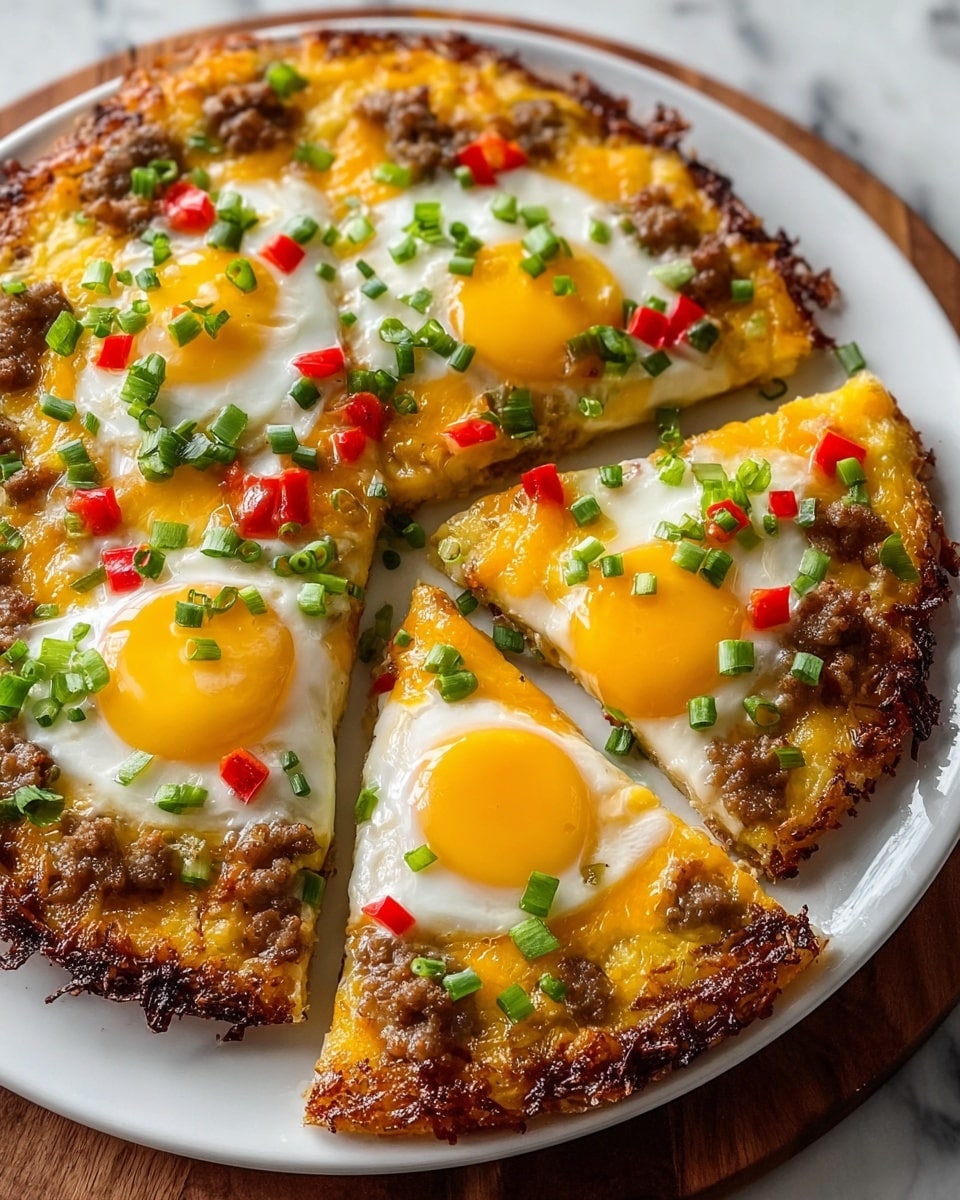 The dish is a round cheesy hash brown pizza with four slices on a white plate. The base layer is a golden-brown crispy hash brown crust with melted orange cheese evenly spread on top. On each slice, there is a sunny-side-up egg with bright yellow yolk and white edges. Small browned bits of sausage are scattered on top of the cheese. Red chili pieces and chopped green onions are sprinkled all over the pizza for color and texture. The plate rests on a white marbled surface. photo taken with an iphone --ar 4:5 --v 7