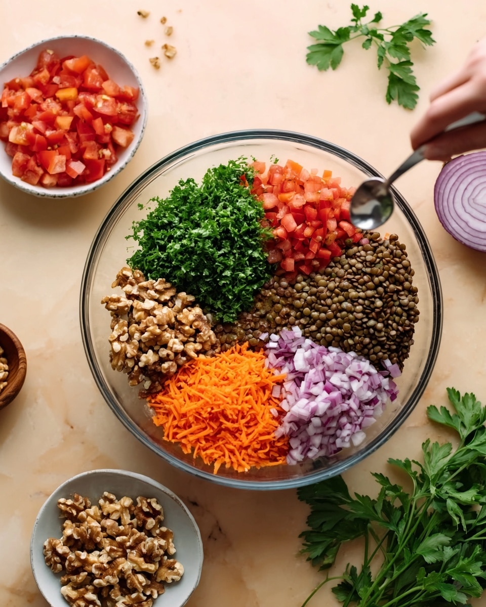 A clear glass bowl holds six distinct layers of ingredients, each neatly arranged in separate sections. Starting at the top left and moving clockwise, there is a bright green layer of chopped parsley, a red layer of diced tomatoes, an orange layer of shredded carrots, a dark brown layer of cooked lentils, a beige layer of chopped walnuts, and a pale purple layer of finely diced red onions. Around the main bowl, there are three small white bowls containing chopped tomatoes, shredded carrots, and chopped walnuts. The scene is set on a white marbled surface with some fresh parsley and red onion pieces scattered nearby, and a woman's hand holding a small spoon above the bowl. Photo taken with an iphone --ar 4:5 --v 7