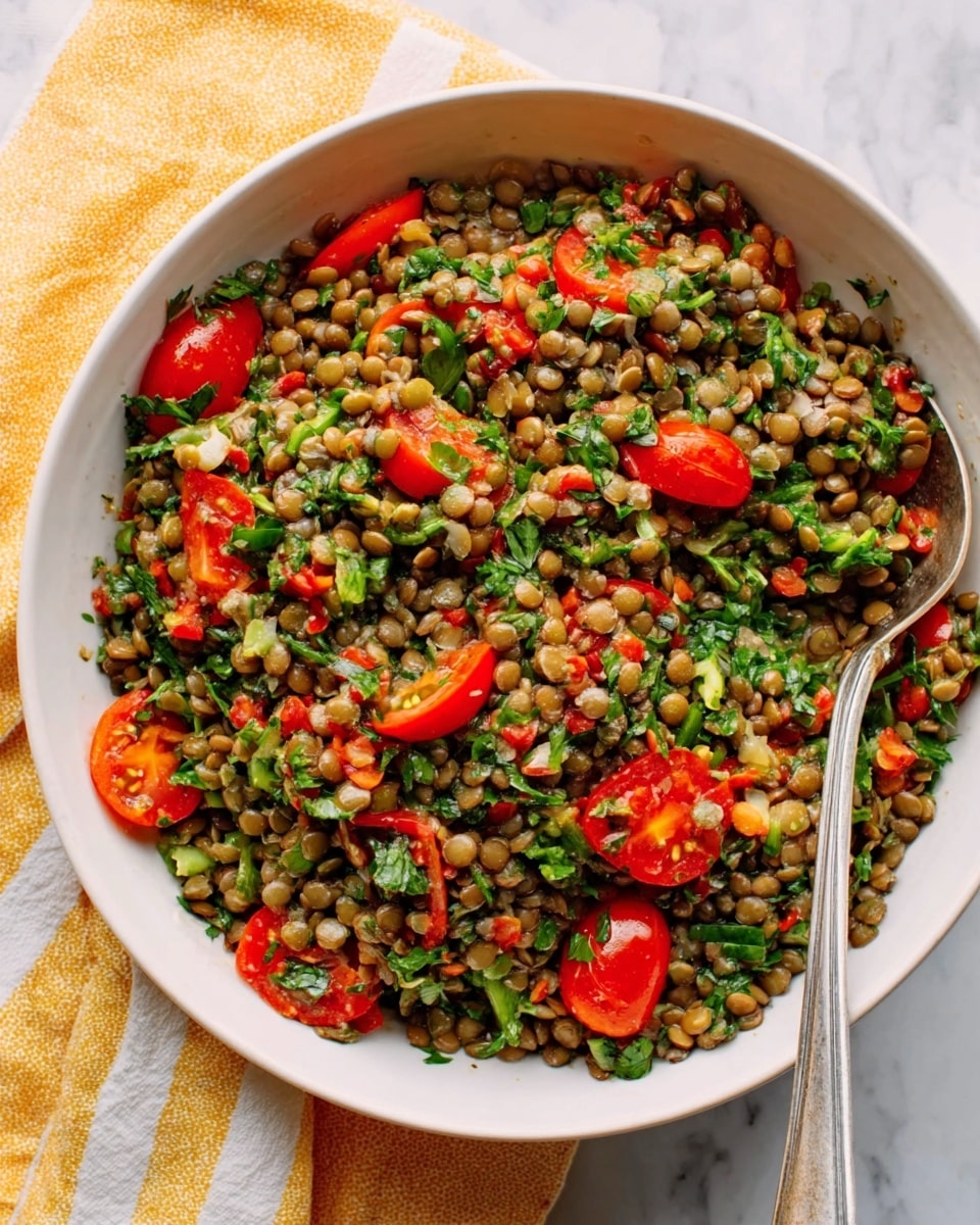 This image shows a white bowl filled with a fresh lentil salad. The salad has many small, round lentils in a greenish-brown color as the base layer. On top, there are bright red cherry tomato halves scattered evenly. Small pieces of green herbs, probably parsley, are spread throughout the salad, adding a fresh look. A silver fork is placed inside the bowl on the right side, slightly resting on the lentils. The bowl is on a white marbled surface and there is a yellow and white striped cloth visible next to it. photo taken with an iphone --ar 4:5 --v 7