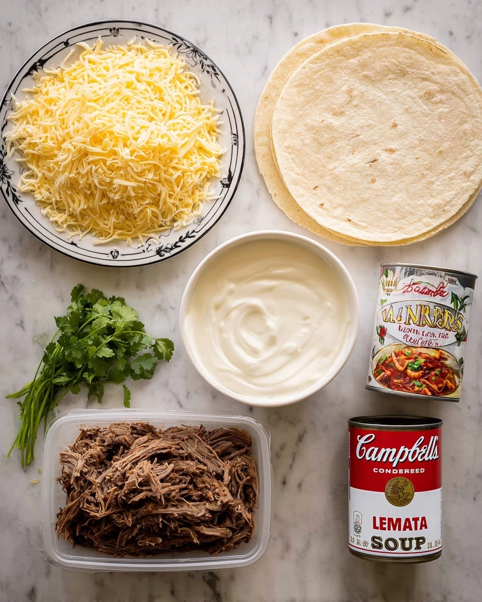 The image shows ingredients for a dish neatly arranged on a white marbled surface. On the top left, there is a white plate with black trim filled with shredded yellow cheese. To the right of the cheese, there are two stacked soft tortillas with a pale beige color and a slightly wrinkled texture. Below the tortillas, there is a white round bowl filled with thick, creamy white sour cream. On the bottom left, there is a plastic container holding dark brown shredded meat with a fibrous texture. To the right of the meat, two cans stand upright: one red and white can of Campbell's cream of mushroom soup, and a larger can of La Victoria enchilada sauce with a colorful label showing red peppers and enchiladas. A few sprigs of fresh green cilantro lie near the shredded meat. Photo taken with an iphone --ar 4:5 --v 7