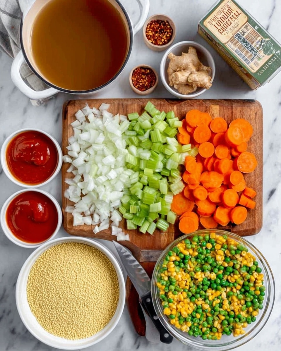 A top-down view shows a wooden cutting board filled with neatly arranged diced white onions, bright green celery, and sliced orange carrots in three separate sections. Next to these is a small pile of light brown minced ginger, and a small dish containing a mix of red chili flakes and garlic cloves. Below the cutting board is a white bowl with light yellow dry couscous, and beside it, a box of vegetable stock. To the right is a glass bowl filled with a colorful mix of green peas, yellow corn, and chopped green beans. Two small white bowls each contain bright red chili sauce. At the bottom left is a white marble surface with a light brown broth in a white bowl. The entire setup is on a white marbled surface with a sharp kitchen knife positioned near the chopped vegetables. Photo taken with an iphone --ar 4:5 --v 7