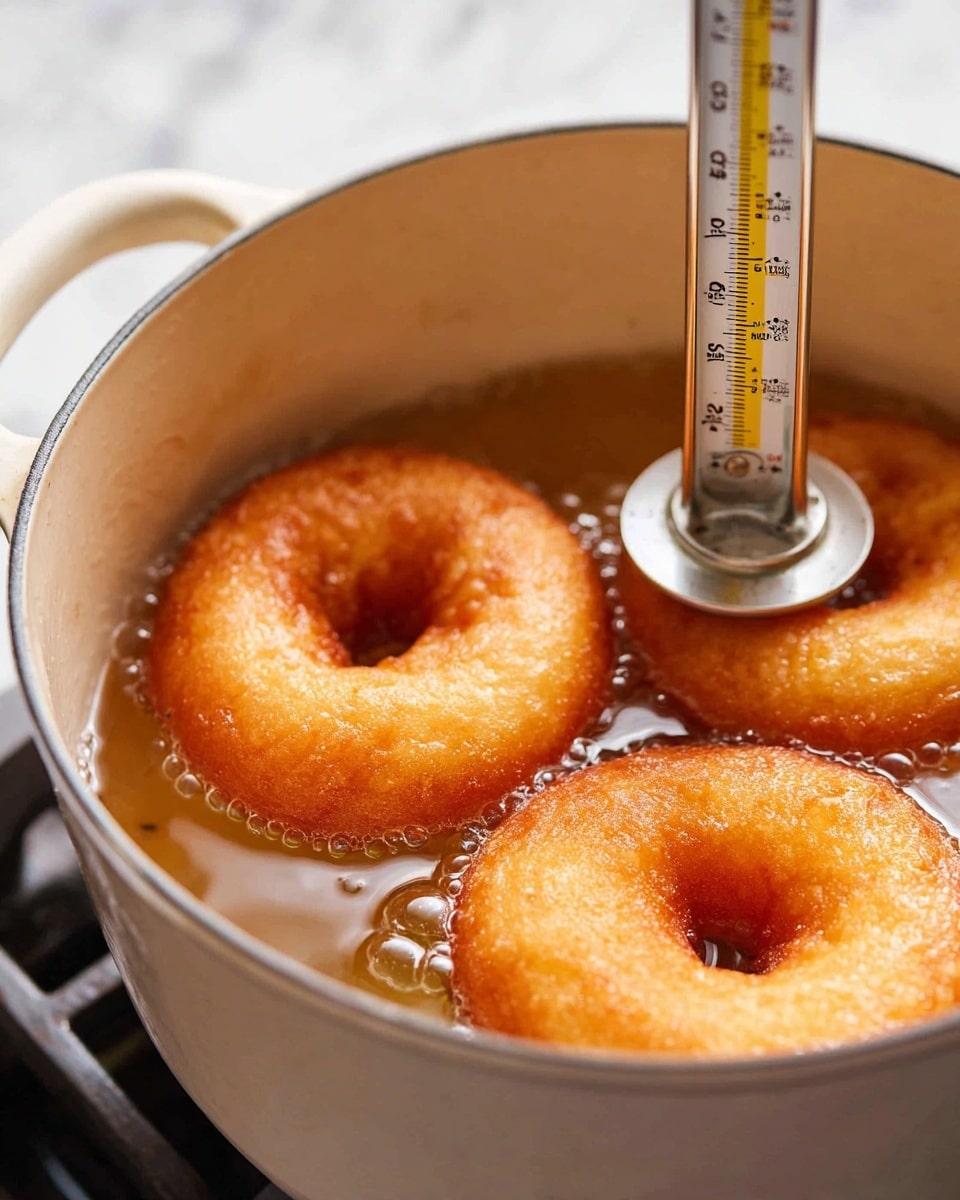 Three golden brown doughnuts are frying in bubbling hot oil inside a white pot. The doughnuts float on the surface, showing their crispy outer layer with a slightly rough texture. A metal fryer thermometer is placed upright in the pot, showing the oil temperature scale with yellow and black markings. The white pot has a smooth interior with a small handle visible on the left side, and the background is a white marbled surface. Photo taken with an iphone --ar 4:5 --v 7