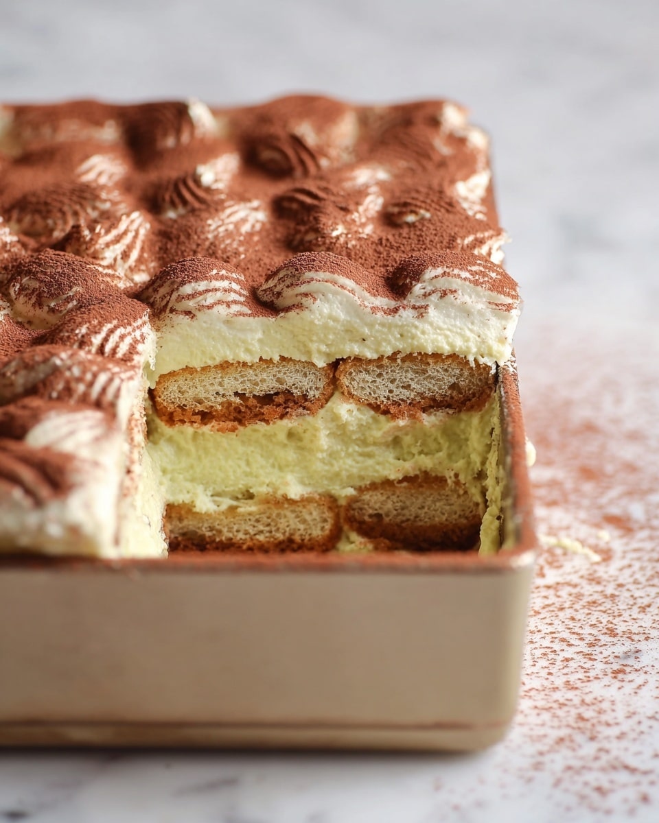 The image shows a close-up of a rectangular baking pan filled with a layered dessert, with one piece already taken out from the front left side. The dessert has three main visible layers: the bottom layer is light brown with a soft, sponge-like texture; the middle layer is thick, creamy, and light yellow in color; the top layer is a swirl of more cream topped with an even dusting of fine, dark brown cocoa powder creating soft peaks. The sides of the pan have some cocoa powder dusted on them as well. The background is a white marbled texture. photo taken with an iphone --ar 4:5 --v 7