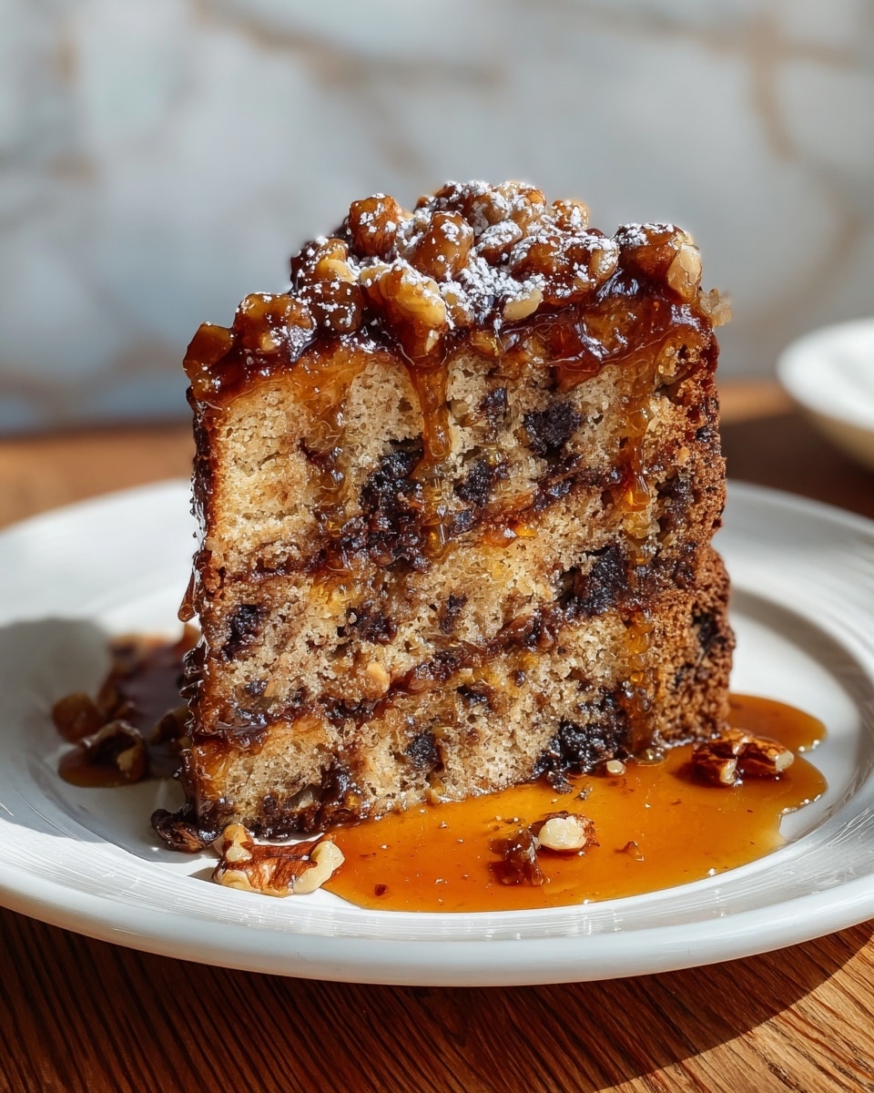 The image shows a close-up of a thick slice of cake on a white plate, placed on a wooden surface with a white marbled texture background. The cake has three uneven layers of dense, moist bread-like texture with visible dark chocolate chunks embedded throughout. On the top layer, there is a generous topping of caramelized walnuts soaked in a sticky, glossy amber sauce that also pools around the cake on the plate. The cake looks rich and sticky, with a warm golden-brown color, and small white spots of powdered sugar sprinkled on the caramelized walnut topping. photo taken with an iphone --ar 4:5 --v 7