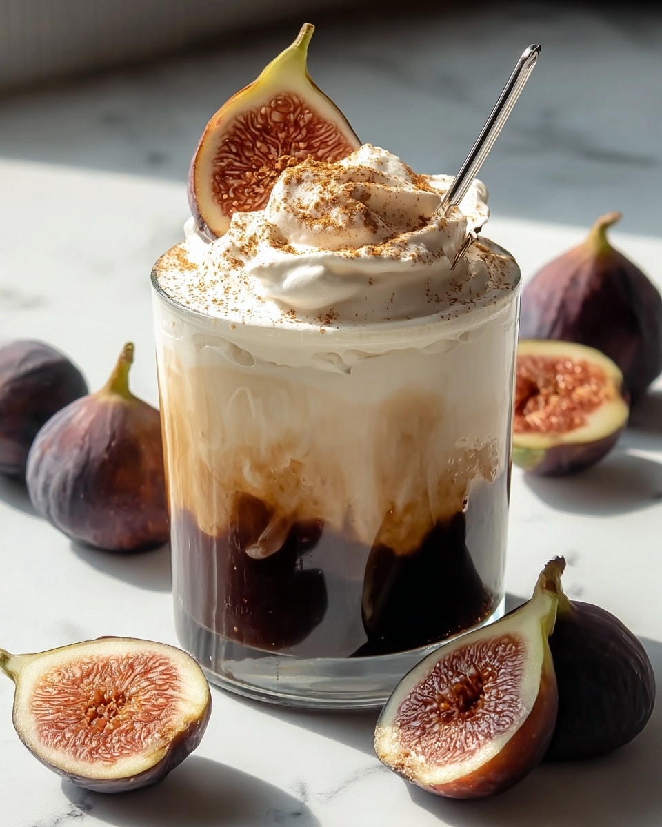 A clear glass shows a three-layered drink. The bottom layer is dark brown with a thick texture, mixing slightly into the middle layer that is creamy and light beige. The top layer is white whipped cream with a dusting of brown powder. A half fig, with a light purple outside and a pinkish inside with small seeds, rests on the rim of the glass. A metal spoon sticks out from the whipped cream. Around the glass, whole and halved figs lay on a white marbled surface, with soft daylight creating gentle shadows. photo taken with an iphone --ar 4:5 --v 7