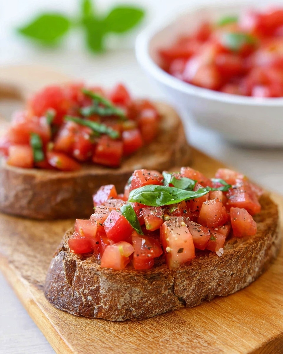 The image shows two pieces of toasted brown bread topped with small, juicy red tomato cubes mixed with small green basil leaves and a sprinkle of black pepper. The bread has a rough crust and is placed on a wooden board. In the background, there is a white bowl filled with more chopped tomatoes and basil. The scene is bright and fresh, with a simple, clean look. photo taken with an iphone --ar 4:5 --v 7