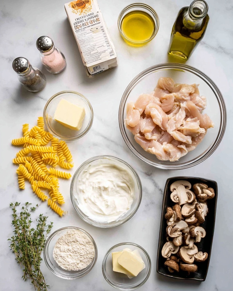 The image shows several ingredients arranged neatly on a white marbled surface. Starting from the top left corner, there are two clear bottles containing pink salt and black pepper next to a carton of chicken broth. To the right, a tall bottle of olive oil stands upright. Below these, a large clear bowl holds raw light pink sliced chicken strips. Next to it on the right, a smaller clear bowl contains thick white yogurt or sour cream. Below that, three garlic cloves are placed in a tiny clear bowl. A small square piece of butter sits beside a bowl filled with white flour. A few yellow spiral noodles lie scattered near fresh green sprigs of thyme. At the bottom right corner, a black tray holds a mix of sliced brown mushrooms. Another small clear bowl with flour and a bowl of yellow mustard are also part of this arrangement. The whole setup sits on a clean white marbled surface. Photo taken with an iphone --ar 4:5 --v 7