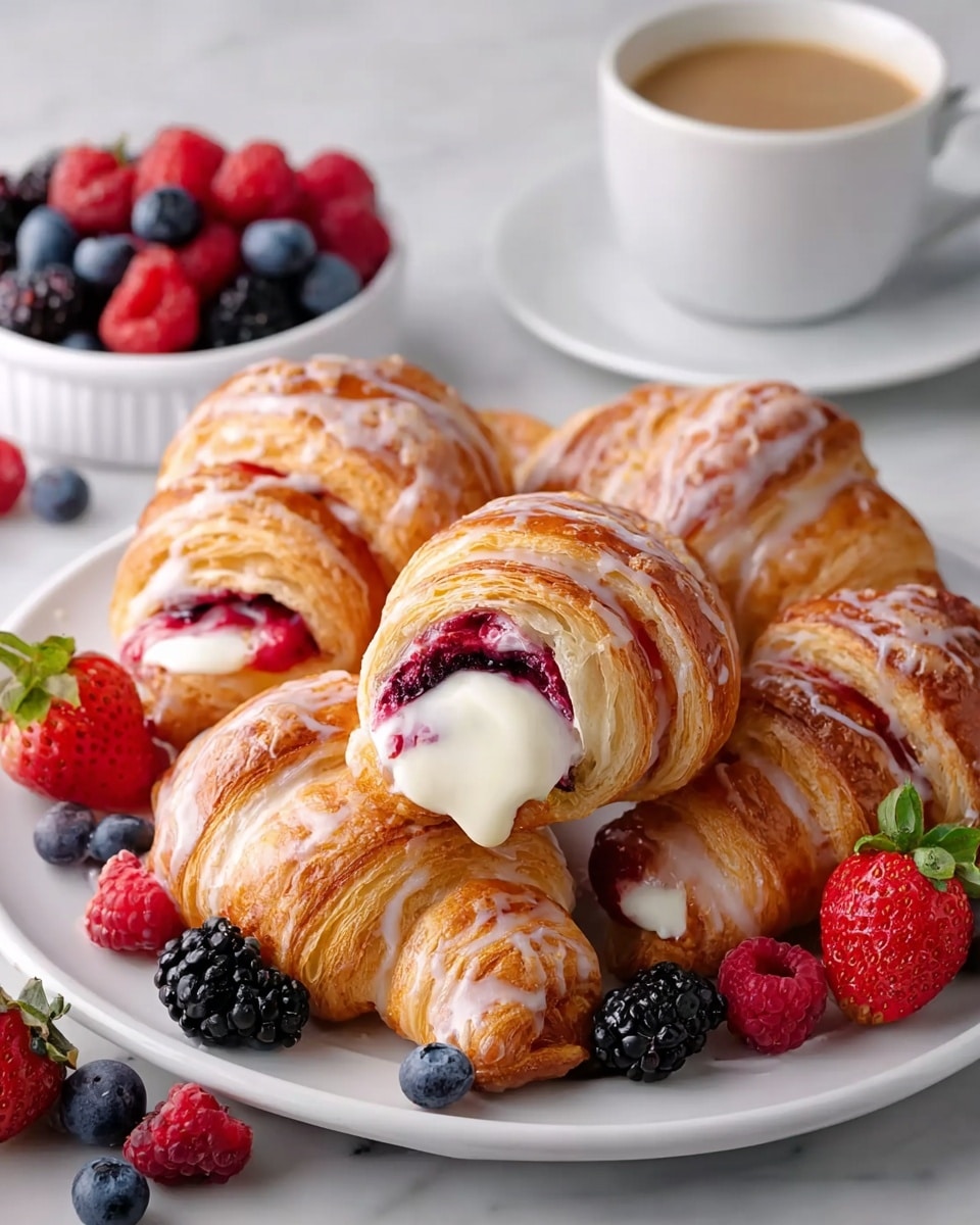 Five golden-brown croissants are arranged on a white plate with a white marbled texture beneath. Each croissant is layered with a shiny glaze that slightly drips, and some have a creamy white filling mixed with red and dark purple berries visibly oozing out from one end. Around the croissants, there are whole fresh strawberries, raspberries, blackberries, and blueberries scattered, adding bright red, dark purple, and deep blue colors. In the background, a white cup of light brown coffee sits on a white saucer, and a white bowl filled with mixed berries is slightly out of focus. Photo taken with an iphone --ar 4:5 --v 7