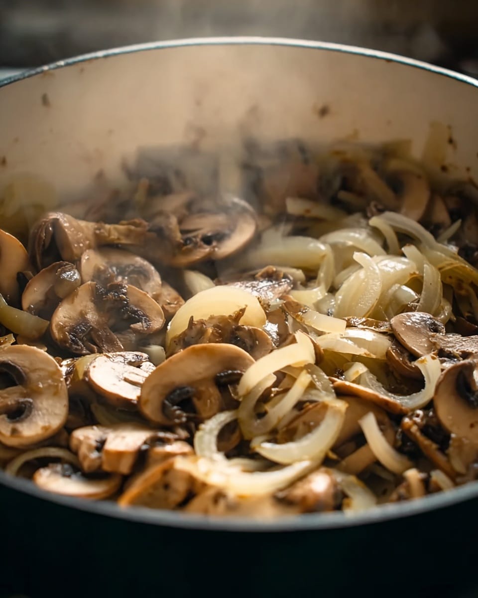 A close-up view of a cooking pot with sliced mushrooms and thinly sliced onions being cooked together. The mushrooms are light brown with dark gills visible, mixed with translucent, soft, pale yellow onions. Steam rises from the pot, showing the heat and moisture. The pot has a white inside with black rim edges, and the ingredients fill the pot partially with a soft, slightly glossy texture. Photo taken with an iphone --ar 4:5 --v 7