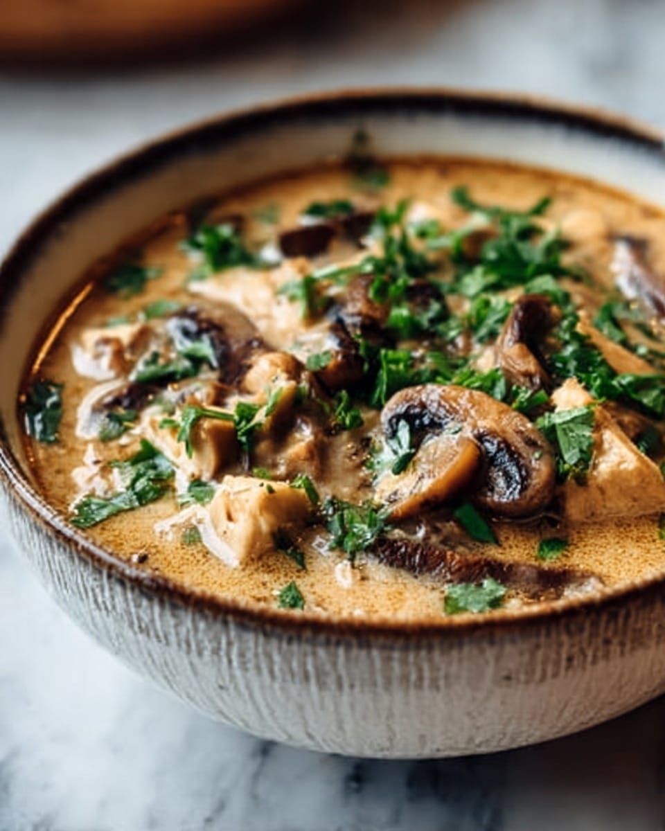 The image shows a close-up of a deep white bowl filled with creamy soup. The soup has two main layers: a smooth light brown creamy base and on top, large pieces of cooked mushrooms with a mix of dark brown and beige colors. Fresh green chopped herbs are sprinkled over the mushrooms, adding a bright contrast. The bowl sits on a white marbled surface, and the background is softly blurred, keeping attention on the soup. The bowl has a slightly rough texture with dark rim details. photo taken with an iphone --ar 4:5 --v 7