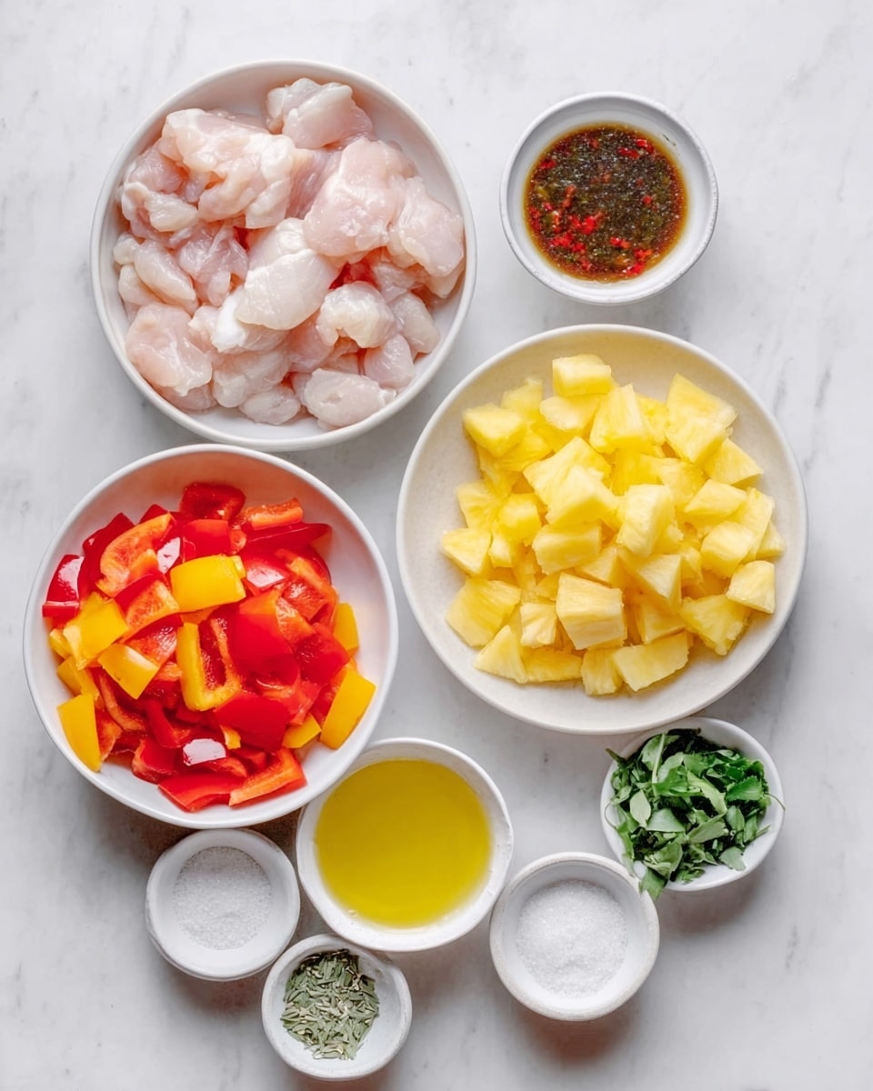The image shows several white bowls and containers on a white marbled surface. At the top left, there is a white bowl filled with pale pink raw chicken pieces. To the right, a small white bowl contains a dark brown sauce, and next to it, another white bowl holds bright yellow yellow pineapple chunks. Below, a larger white bowl is filled with stacked chopped red and yellow bell peppers. Surrounding these bowls are small white containers holding a yellow liquid, white powder, white granules, and green leafy herbs. The overall scene looks neat and organized, showing colorful ingredients ready to cook. Photo taken with an iphone --ar 4:5 --v 7