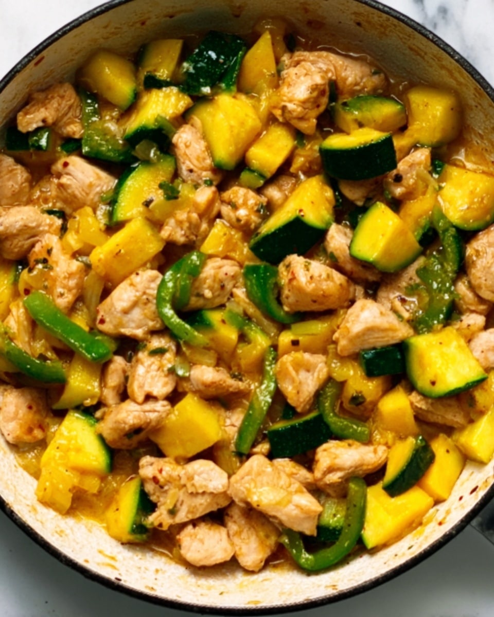The image shows a close-up of a cooked dish in a white pan, filled with bite-sized pieces of light brown cooked chicken mixed with bright yellow chunks of zucchini and slices of green bell pepper. The ingredients look juicy and tender, with the chicken pieces scattered evenly throughout the pan, mixed closely with the vibrant vegetables. The pan rests on a white marbled surface. Photo taken with an iphone --ar 4:5 --v 7