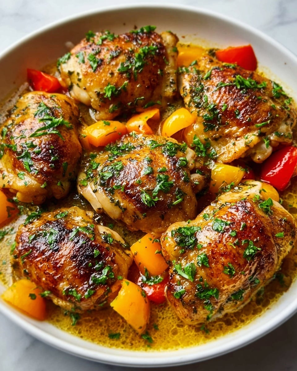 A white dish filled with four golden brown cooked chicken breasts, boneless and skinless, sprinkled with chopped green herbs. Around the chicken pieces, there are small bright yellow and orange bell pepper pieces. A light sauce with a shiny texture fills the dish, mixing with the chicken juices. The chicken and peppers look juicy and well-seasoned, resting in the white dish on a white marbled surface. Photo taken with an iphone --ar 4:5 --v 7