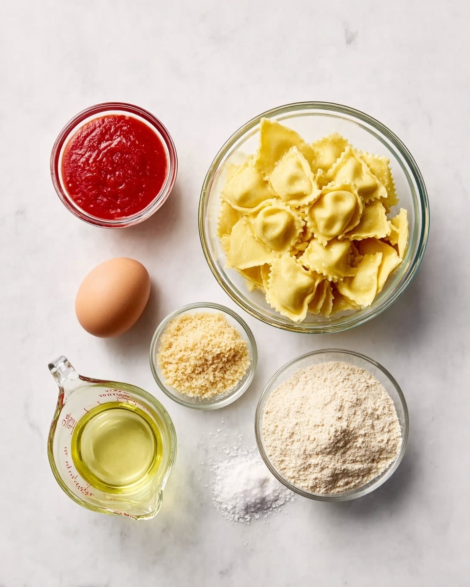 The image shows six cooking ingredients neatly arranged on a white marbled surface. At the top right, there is a transparent bowl filled with fresh, yellow ravioli pasta. To its left, a small glass cup holds a red tomato sauce. Below the sauce, a single brown egg sits directly on the marble. Near the bottom left corner, there is a larger glass measuring cup filled with light yellow oil. In the center near the bottom, a small glass bowl contains a light brown crumbly ingredient, likely breadcrumbs or grated cheese. Scattered around are small amounts of white flour and a few grains of salt, adding texture to the scene. Everything is neatly placed with clear space between items, giving a clean, organized look. Photo taken with an iphone --ar 4:5 --v 7