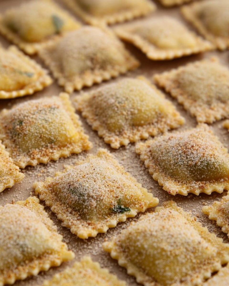 The image shows many small square-shaped ravioli pieces arranged closely in rows on a baking tray. Each ravioli has a crimped edge and is covered with a fine coating of light brown breadcrumbs or flour, giving a grainy texture. The surface beneath the ravioli is a light tan baking paper, and the ravioli themselves have a pale yellow dough with some green herb bits visible inside. The lighting highlights the textured edges and the soft puffiness of each ravioli, making them appear fresh and ready to cook. photo taken with an iphone --ar 4:5 --v 7