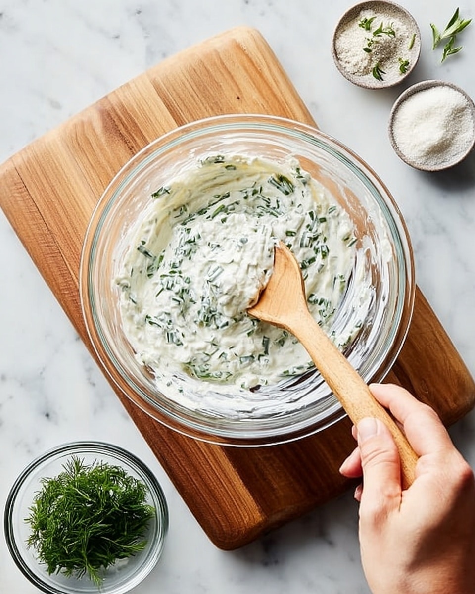A clear glass bowl sits on a wooden board on a white marbled surface. Inside the bowl is a creamy white mixture with small green herb pieces evenly spread throughout. A woman's hand holds a wooden spoon, stirring the mixture gently. Nearby, there is a small clear bowl with fresh green herbs and another small clear bowl with a white powdery ingredient, all arranged on the white marbled surface. photo taken with an iphone --ar 4:5 --v 7