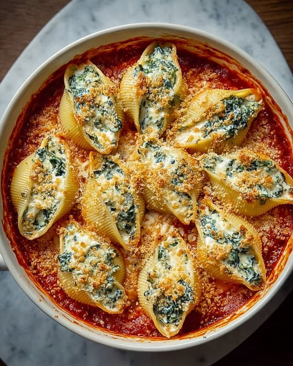 A round white casserole dish holds large pasta shells arranged neatly in three rows, filled with a creamy white cheese mixture and bits of green spinach inside each shell. The pasta is placed on a layer of thick red tomato sauce, visible between the shells and around the edges, with a browned and slightly crispy top of melted cheese sprinkled lightly with breadcrumbs or Parmesan. The dish sits on a white marbled surface, showing a warm homemade baked pasta meal. Photo taken with an iphone --ar 4:5 --v 7