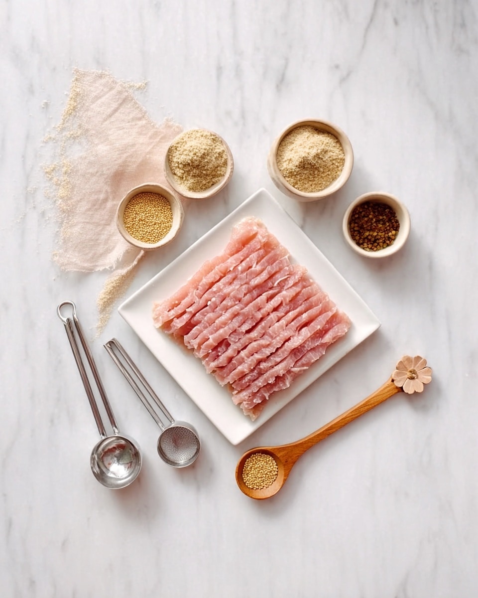 The image shows a rectangular stack of thinly sliced pink meat, neatly arranged in four rows on a white square plate placed on a white marbled surface. Above the plate, there are three small bowls: one with light beige crumbs, one with dark brown powder, and one with a small flower-shaped pattern in light beige. Below the plate are metal measuring spoons arranged on the left, and on the right, there are two wooden spoons — one round and one shaped like a flower — filled with different spices. A small bowl with light mustard-colored seeds is placed near the wooden spoons. The whole scene is bright and clean, focused on the texture and neat arrangement of the ingredients. photo taken with an iphone --ar 4:5 --v 7