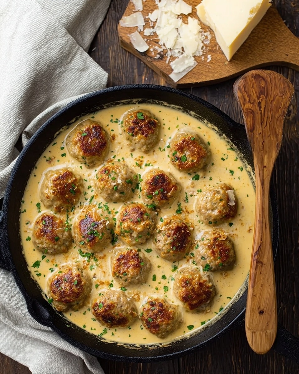 A black cast iron pan filled with about 15 golden brown meatballs sitting evenly in a creamy, pale yellow sauce mixed with small green herb pieces scattered on top. The pan is placed on a dark wooden table with a folded light gray cloth napkin to the upper left and a wooden board holding a wedge of hard cheese with flakes broken off in the upper right. A light brown wooden spoon with a carved handle rests on the right side of the table. The sauce looks thick and smooth, slightly bubbling in some areas, with some light browned spots near the center. photo taken with an iphone --ar 4:5 --v 7