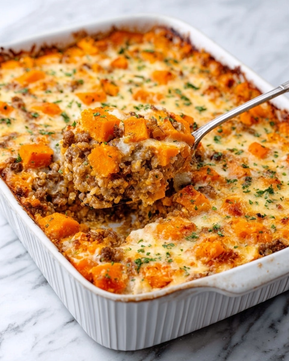 A white rectangular baking dish filled with a layered casserole. The bottom layer consists of cooked grains mixed with browned ground meat, topped with soft orange pieces that look like cooked squash or sweet potatoes. The top layer is golden melted cheese with small green herbs sprinkled evenly across. A silver serving spoon is placed inside the dish on the left side, lifting a scoop of the casserole showing the layers clearly. The dish rests on a white marbled surface. photo taken with an iphone --ar 4:5 --v 7