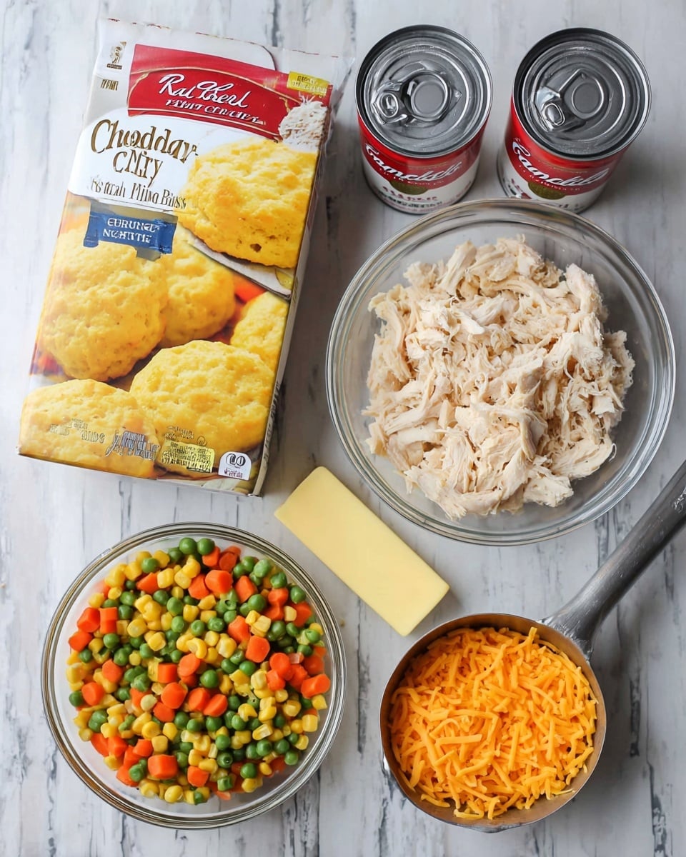 The image shows ingredients arranged on a white marbled surface: a box of Red Lobster Cheddar Bay Biscuit Mix with two golden-yellow biscuits pictured, two cans of Campbell’s Cream of Chicken soup in red and white cans, a clear bowl filled with shredded light brown cooked chicken pieces, a clear bowl with mixed frozen vegetables including orange carrots, green beans, yellow corn, and peas, a rectangular stick of salted butter in yellow packaging, and a metal measuring cup filled with shredded orange cheddar cheese. Photo taken with an iphone --ar 4:5 --v 7