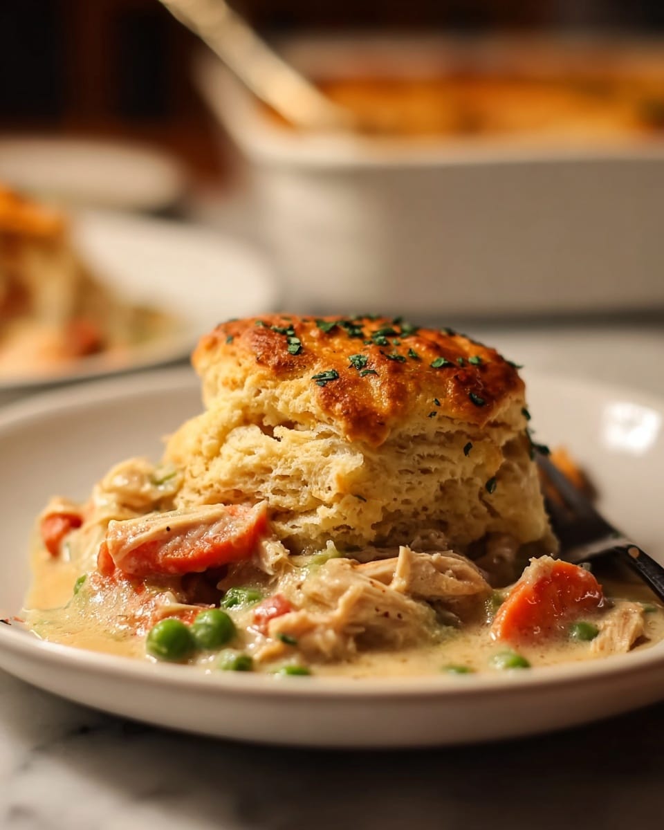 A white plate holds a layered dish with a thick golden brown biscuit top sprinkled with small green herbs. Below the biscuit, there is a creamy mixture of light beige sauce filled with chunks of white shredded meat, bright orange carrot pieces, and green peas. The dish looks warm and hearty, sitting on a white marbled surface with a soft focus background showing a similar dish and a baking dish. The lighting is warm and cozy, highlighting the textures and colors of the food. photo taken with an iphone --ar 4:5 --v 7