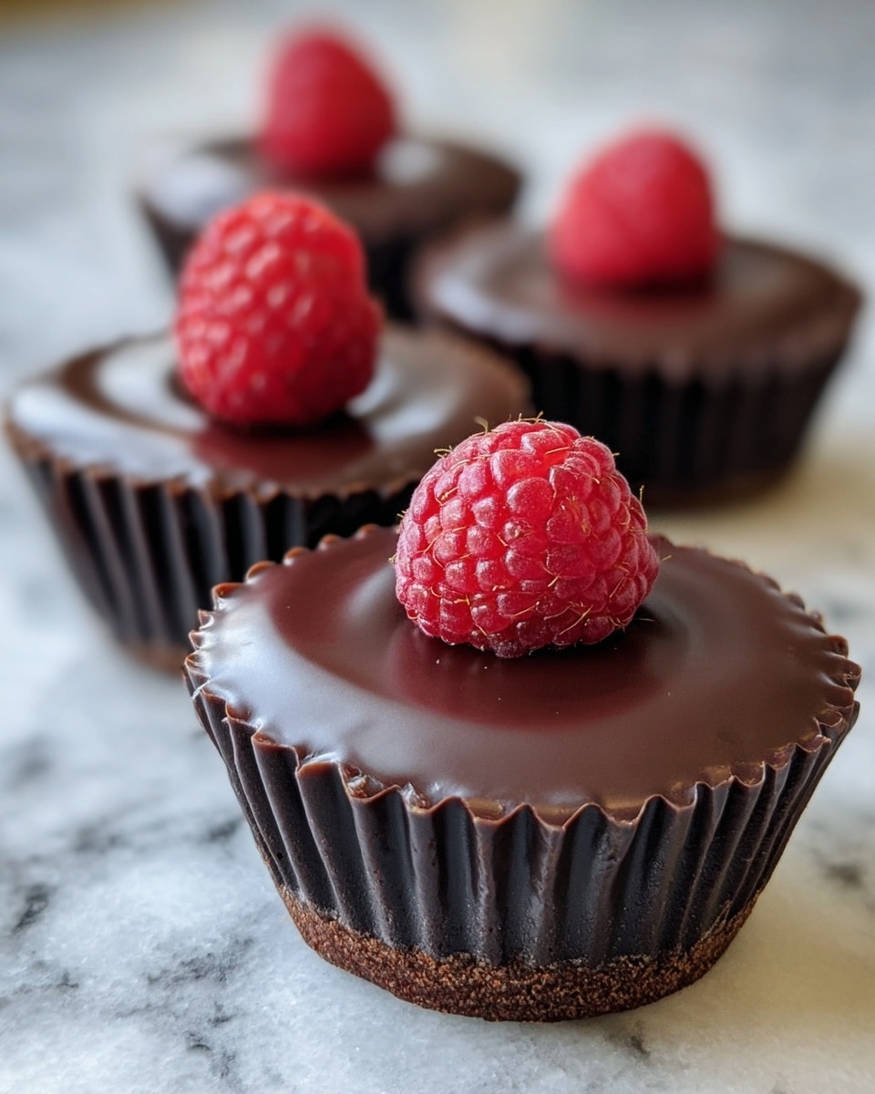The image shows four small chocolate cups with smooth, shiny dark chocolate tops. Each cup has a ridged, dark chocolate base, and on top of each is a single bright red raspberry with a bumpy texture. The cups sit on a white marbled surface, and the focus is on the front chocolate cup with the raspberry, while the other three cups are slightly blurred in the background. Photo taken with an iphone --ar 4:5 --v 7