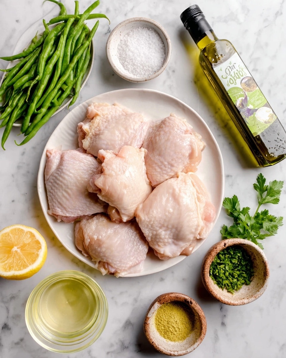 A white plate holds several raw chicken thighs that are pale pink with a slightly shiny texture. Around the plate on a white marbled surface, there are fresh green beans on the top left, a lemon half on the bottom left, a small white bowl filled with coarse salt above the plate, a bottle of green and white olive oil on the top right, fresh parsley sprigs nearby, and two small brown bowls with light yellow mustard and minced garlic below the plate. A glass cup with a light yellow liquid is on the lower left side. photo taken with an iphone --ar 4:5 --v 7