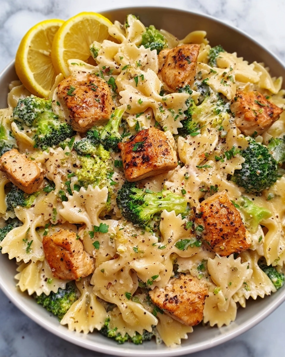 The image shows a white bowl filled with a creamy pasta dish. At the bottom are light yellow bowtie-shaped pasta pieces mixed with bright green broccoli florets. On top, there are several pieces of golden-brown cooked chicken scattered evenly across the pasta. The dish is sprinkled with finely chopped green herbs and black pepper flakes, adding texture and color contrast. Two slices of fresh yellow lemon rest on the edge of the bowl, adding a fresh look. The bowl sits on a white marbled surface, and the lighting highlights the creamy sauce coating the pasta and vegetables. Photo taken with an iphone --ar 4:5 --v 7