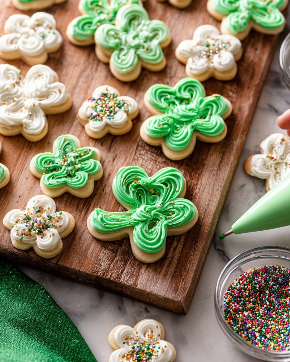 The image shows many shamrock-shaped cookies on a wooden board with a white marbled surface partly visible nearby. Each cookie has two layers: the cookie base is light golden brown, and the top layer is green or white frosting shaped in swirled lines following the shamrock leaves. Some have white, gold, or multi-colored sprinkles on the frosting for decoration. A green frosted cookie is being decorated with a piping bag filled with light green icing. Part of a bowl with colorful sprinkles and a green cloth are also seen at the edge of the image. photo taken with an iphone --ar 4:5 --v 7